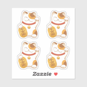Japanese Lucky Calico Cat, Maneki Neko, Set of 4 Sticker