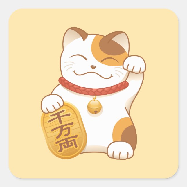 Japanese Lucky Calico Cat, Maneki Neko Square Sticker (Front)