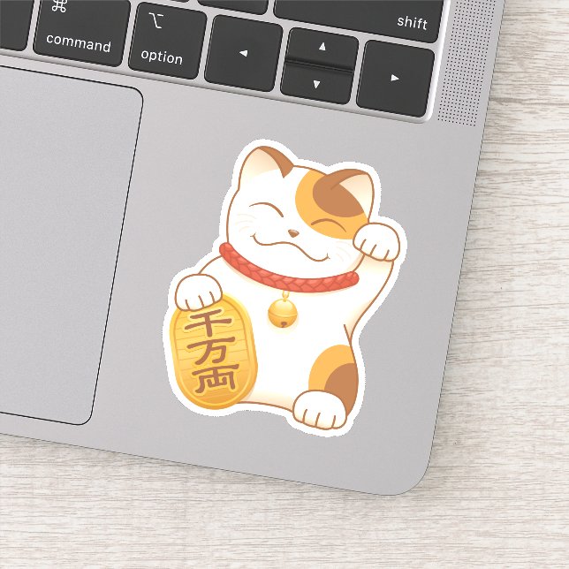 Japanese Lucky Calico Cat, Maneki Neko Sticker (Detail)