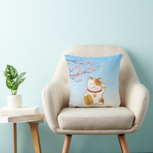 Japanese Lucky Calico Cat, Maneki Neko Throw Pillow