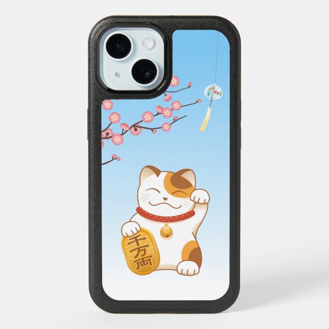 Japanese Lucky Cat, Calico Maneki Neko iPhone 15 Case (Back)