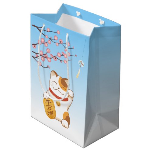 Japanese Lucky Cat Calico Maneki Neko Medium Gift Bag