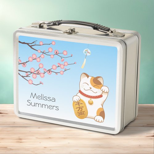 Japanese Lucky Cat Calico Maneki Neko Metal Lunch Box