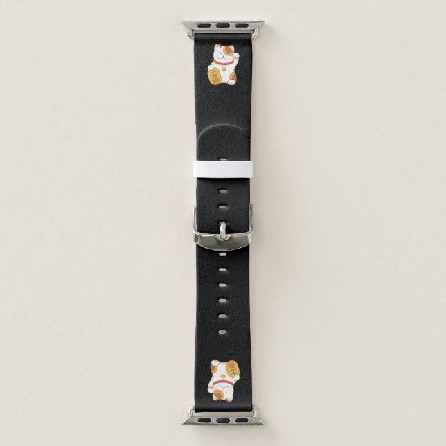 Japanese Lucky Cat, Calico Maneki Neko on Black Apple Watch Band (Band)