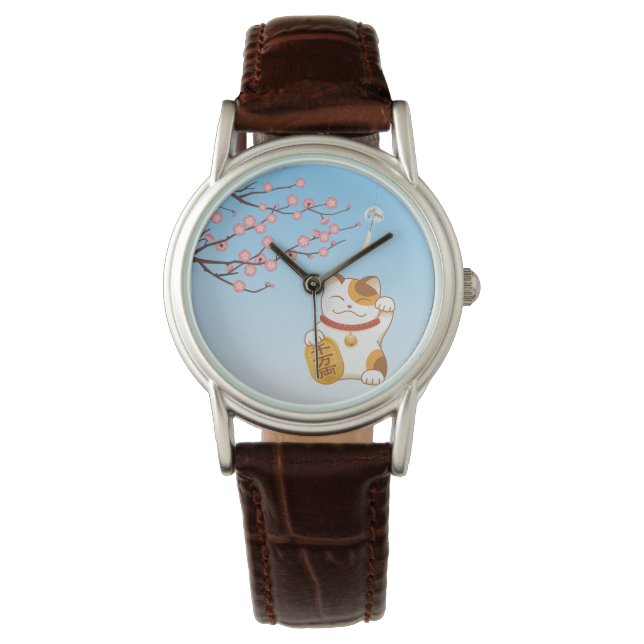 Japanese Lucky Cat, Calico Maneki Neko Watch (Front)