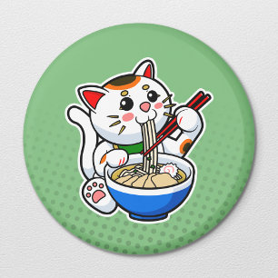 Japanese Lucky Cat Feasting on Ramen Magnet
