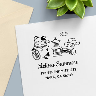 Japanese Lucky Cat, Maneki Neko Address 2 Self-inking Stamp