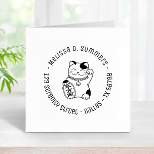 Japanese Lucky Cat, Maneki Neko Round Address 4 Rubber Stamp