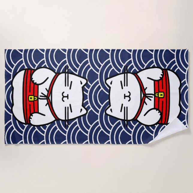 Japanese Lucky Cat or Maneki-Neko Beach Towel (Front)