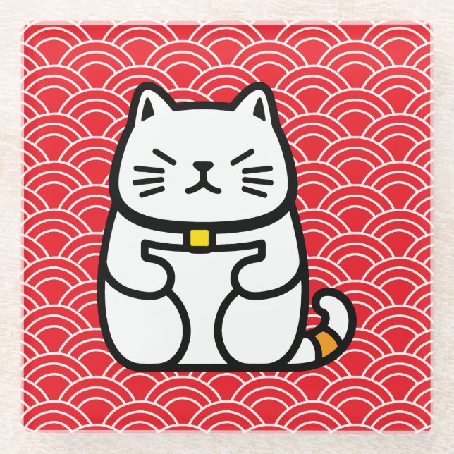 Japanese Lucky Cat or Maneki-Neko Glass Coaster (Front)