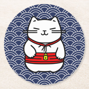 Japanese Lucky Cat or Maneki-Neko Round Paper Coaster