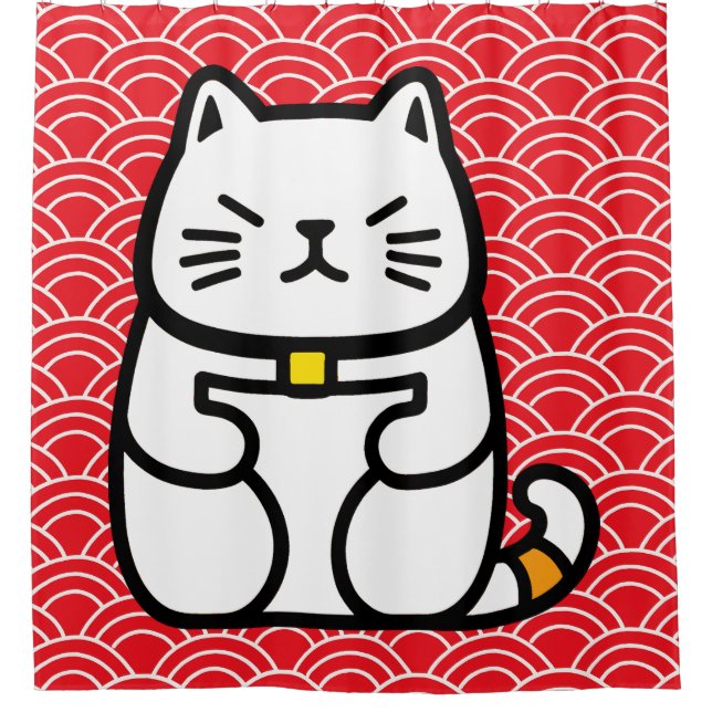 Japanese Lucky Cat or Maneki-Neko Shower Curtain (Front)