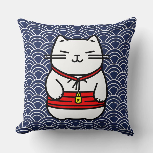 Japanese Lucky Cat or Maneki-Neko Throw Pillow (Front)