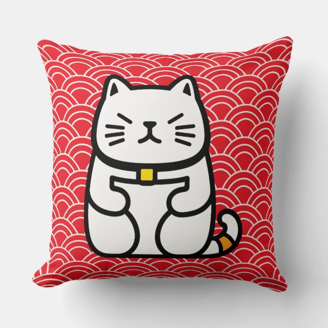 Japanese Lucky Cat or Maneki-Neko Throw Pillow (Front)