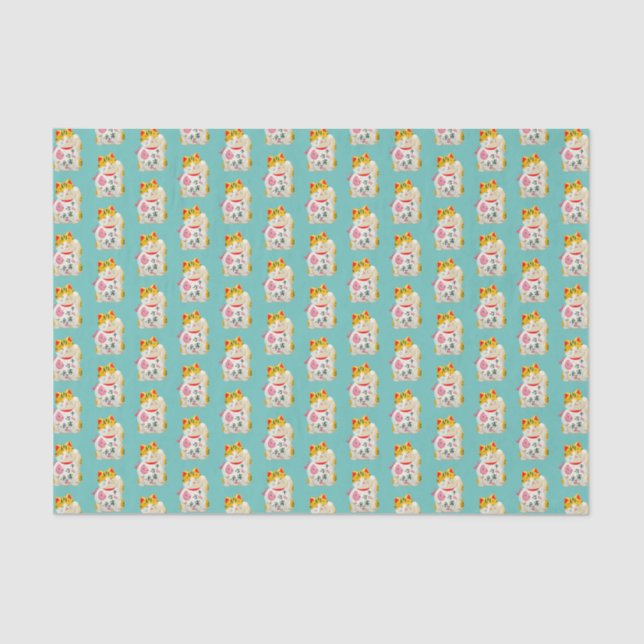 Japanese Lucky Cat Pattern Teal Tissue Paper (Front)