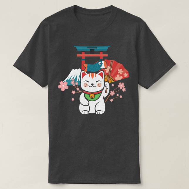 Japanese Lucky Cat Sakura Torii  T-Shirt (Design Front)