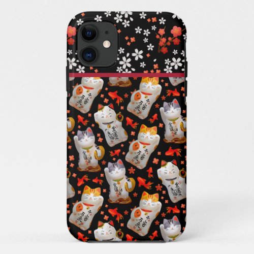 Japanese lucky cats and koi carp pattern on black iPhone 11 case