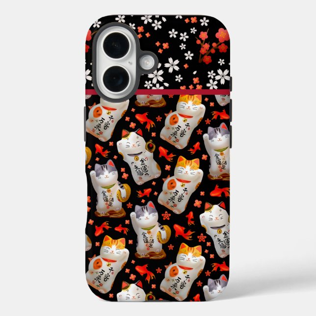 Japanese lucky cats and koi carp pattern on black Case-Mate iPhone case (Back)