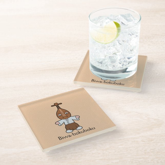 Japanese Lute Man Biwa-bokuboku: Cartoon Yokai Glass Coaster (Angled)