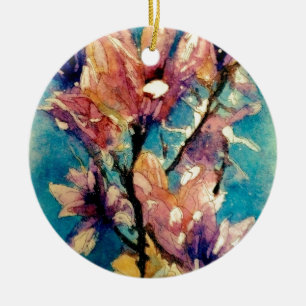 Japanese Magnolia watercolor batik Ceramic Ornament