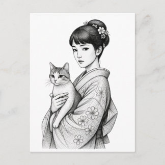 Japanese Maiden and Her Cat Postcard
