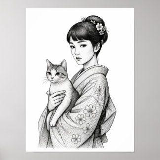 Japanese Maiden and Her Cat Poster
