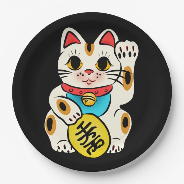 Japanese maneki nekko lucky cat paper plates (Front)