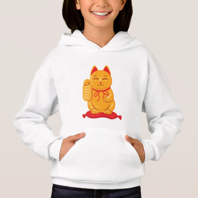 Japanese Maneki Neko Gold Cat, Symbol of Wealth Hoodie (Front)
