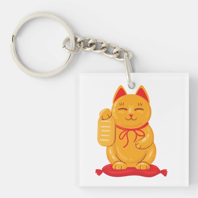 Japanese Maneki Neko Gold Cat, Symbol of Wealth Keychain (Front)