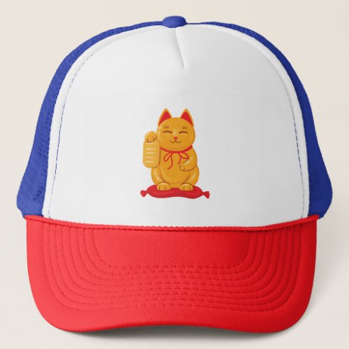 Japanese Maneki Neko Gold Cat Symbol of Wealth Trucker Hat