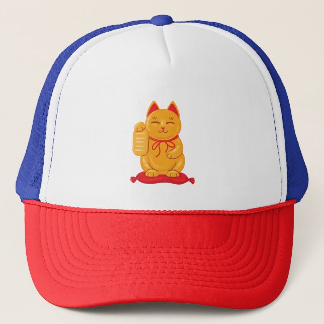 Japanese Maneki Neko Gold Cat, Symbol of Wealth Trucker Hat (Front)