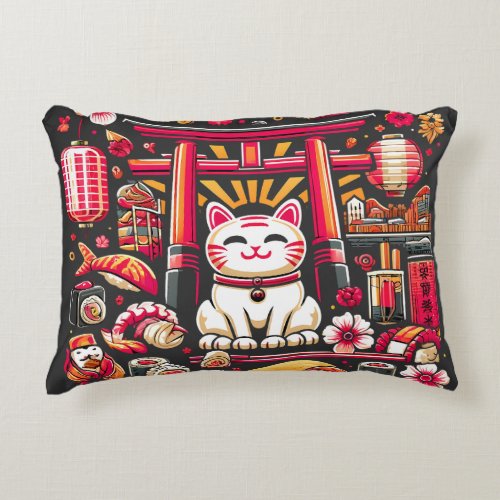 Japanese Maneki Neko Lucky Cat Accent Pillow