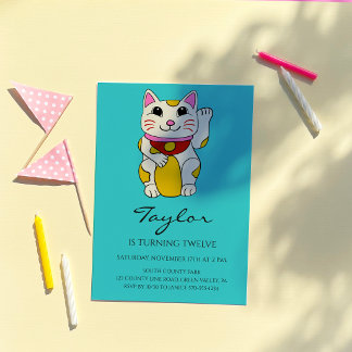 Japanese Maneki Neko Waving Cat Birthday Invitation
