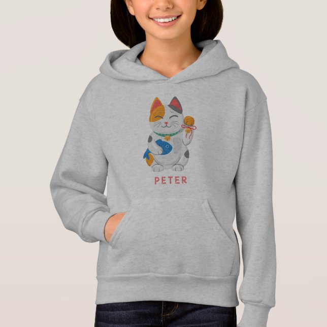 Japanese Maneki Neko White Cat, good luck symbol Hoodie (Front)
