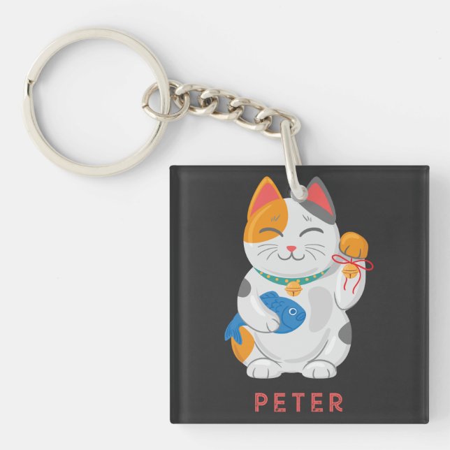 Japanese Maneki Neko White Cat, good luck symbol Keychain (Front)