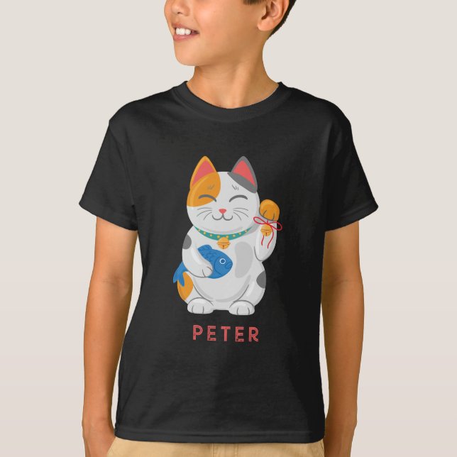 Japanese Maneki Neko White Cat, good luck symbol T-Shirt (Front)