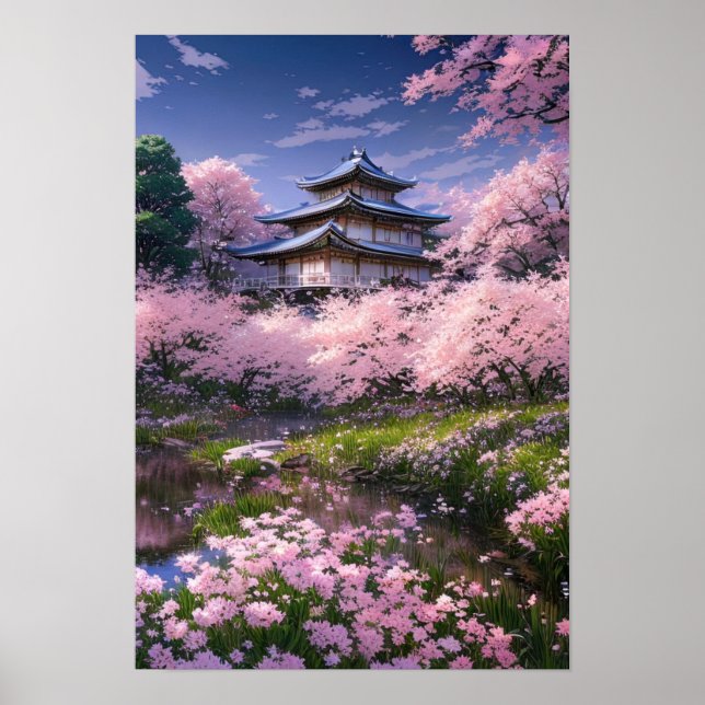 Japanese Mansion Embraced by Sakura Blossoms Poster (Front)