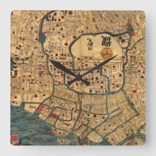 Japanese Map: Tokyo / Edo Square Wall Clock (Front)