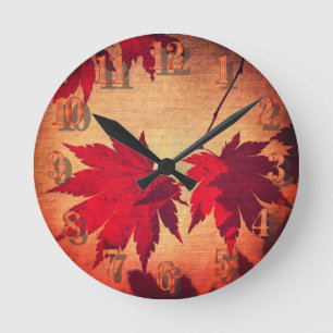 Japanese maple leaf and script fall orange red round clock