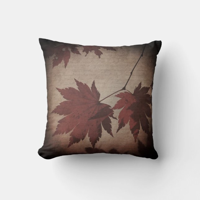 Japanese maple leaf and script fall red brown throw pillow (Front)