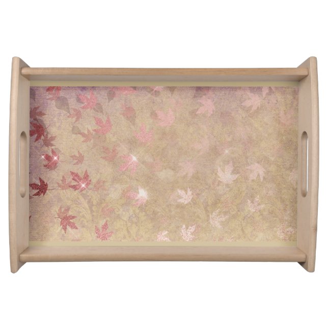 Japanese maple leaf elegant damask pink gold serving tray (Front)