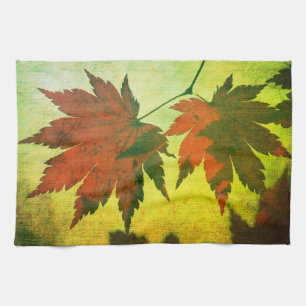 Japanese maple leaf script fall red green elegant kitchen towel