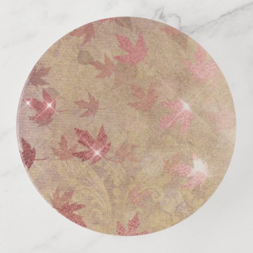 Japanese maple leaf sparkle elegant damask pink trinket tray