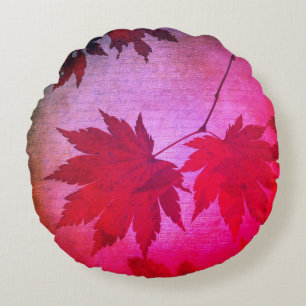 Japanese maple leaves and script fall pink red round pillow