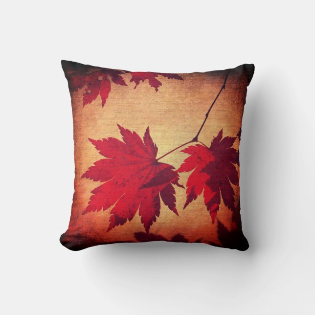 Japanese maple tree leaf and script fall orange throw pillow (Front)