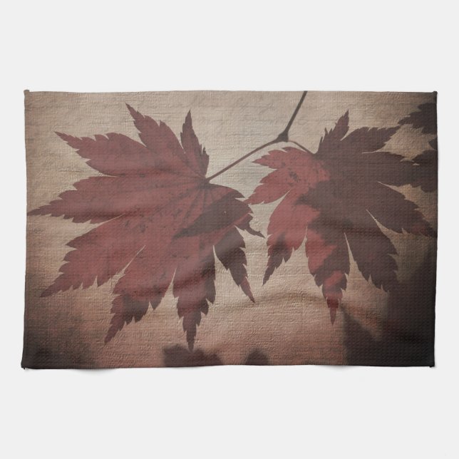 Japanese maple tree leaves and script fall kitchen towel (Horizontal)