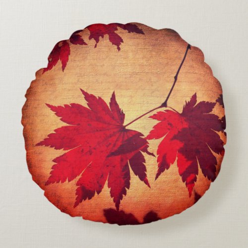 Japanese maple tree leaves and script fall round pillow