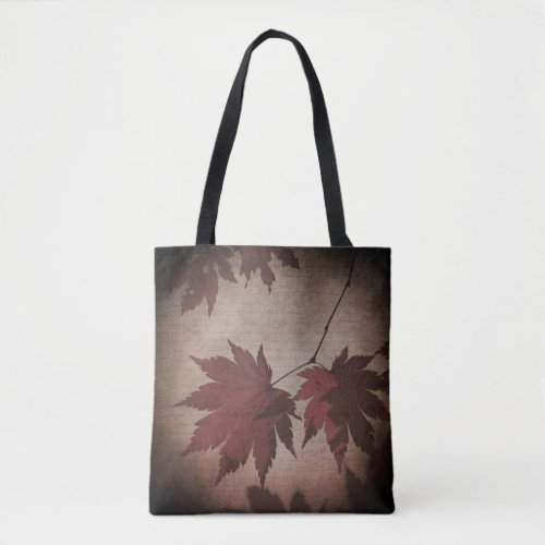 Japanese maple tree leaves and script fall tote bag