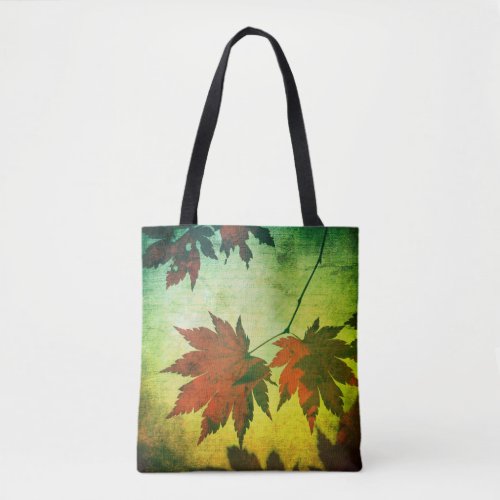 Japanese maple tree leaves and script fall tote bag