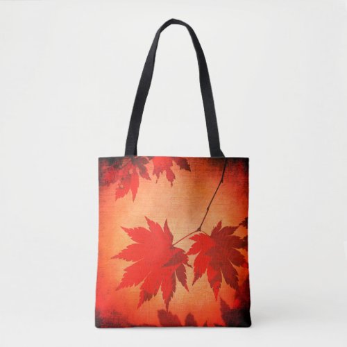 Japanese maple tree leaves and script fall tote bag